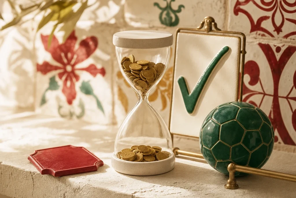 Reloj de arena de cerámica con monedas cayendo, junto a un boleto de cerámica y un balón, sobre azulejos españoles