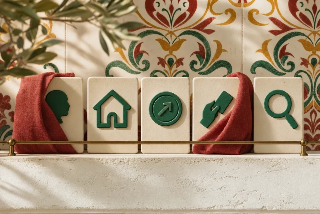 Cinco azulejos de cerámica con símbolos de identidad, domicilio, fondos, pago y revisión, dos de ellos medio cubiertos por una tela